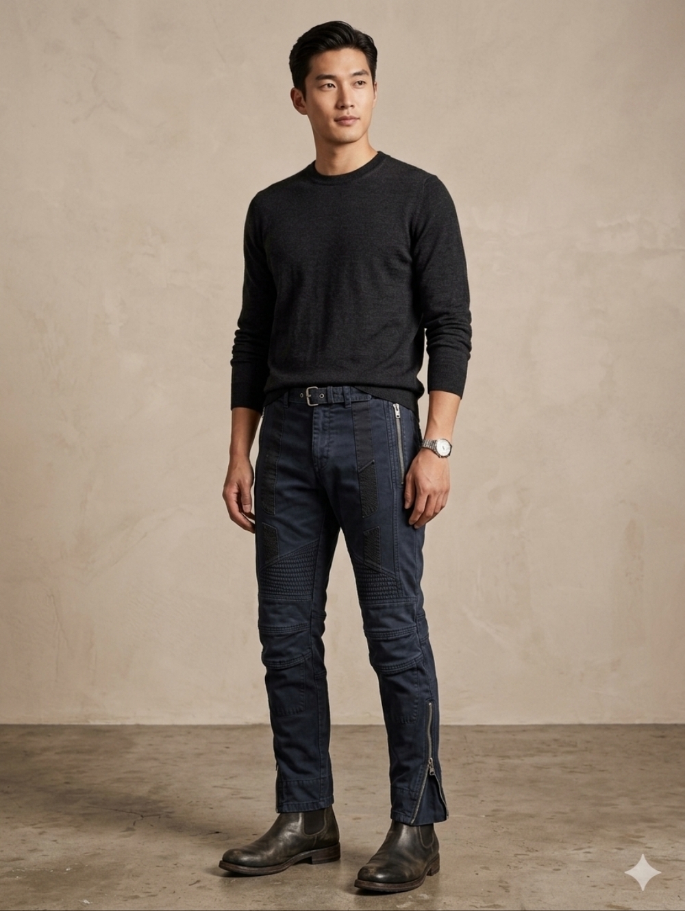 DRIES VAN NOTEN AW14 Cotton Bondage Biker Pants Size 46EU/36US Blue & Black